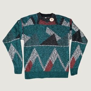 Vintage 90s Grandpa Knit Sweater Teal Geometric XStatX Made USA - Size XL